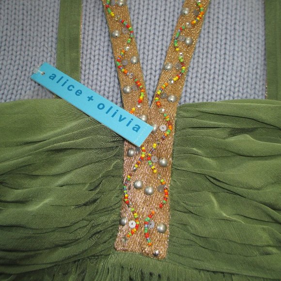 Alice & Olivia: Boho Chic,  Olive Green & Gold beaded Top, size XS - Picture 2 of 5
